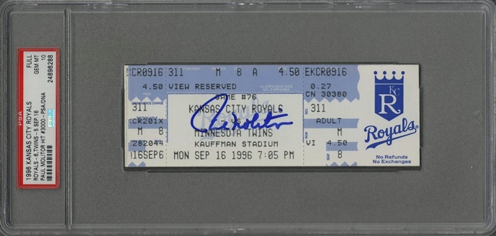 1996 Paul Molitor 3000th Hit Signed Full Game Ticket (PSA GEM MT 10)